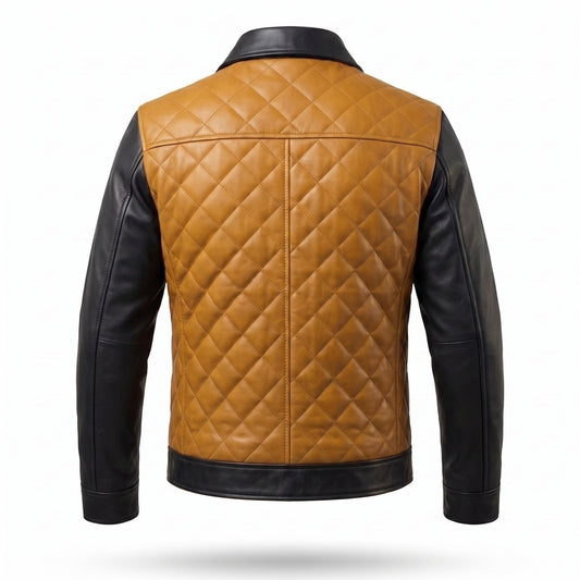 Men's Mustard & Black Quilted Leather Jacket | Two-Tone Diamond-Stitched Premium Trucker Jacket