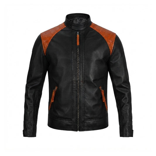 Men's Black Leather Racer Jacket | Two-Tone Biker Jacket with Quilted Tan Shoulders
