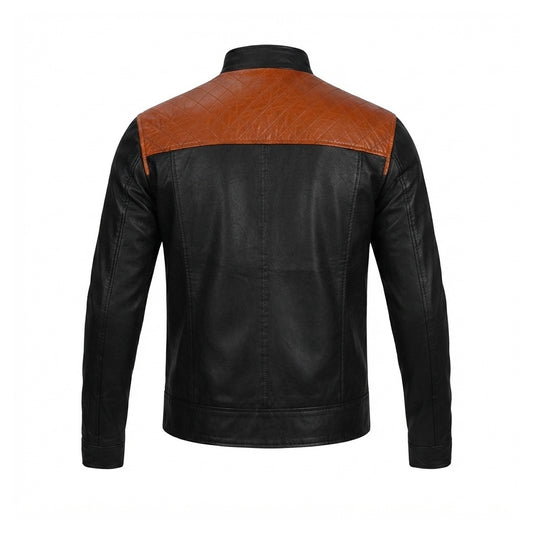 Men's Black Leather Racer Jacket | Two-Tone Biker Jacket with Quilted Tan Shoulders