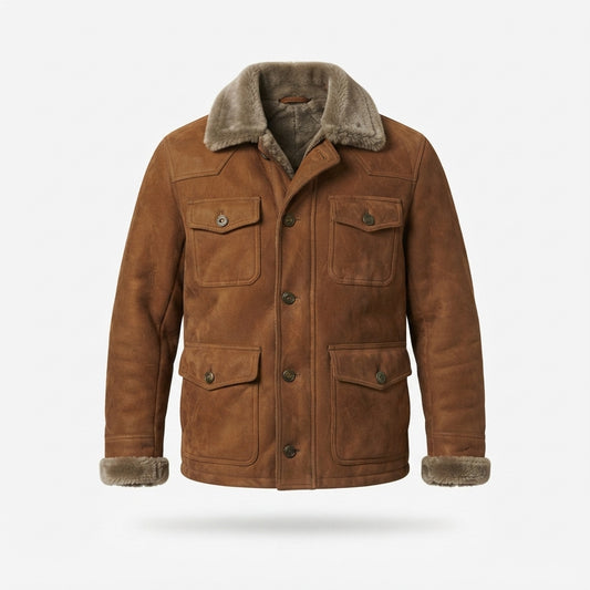 Men's Brown Shearling Coat | Sherpa-Lined Suede Field Jacket with Fur Collar