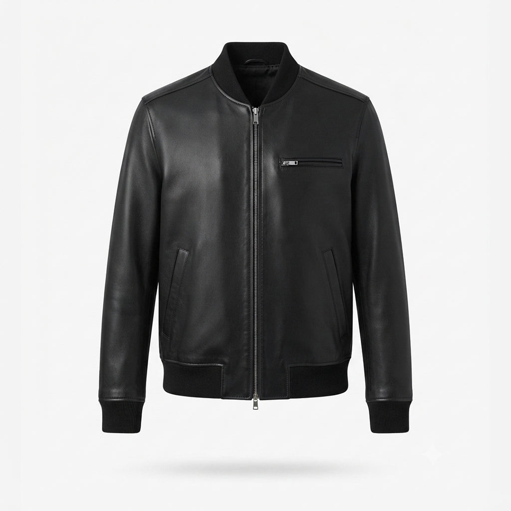 Men's Leather Bomber Jacket | Classic Ribbed Collar Zip-Up Jacket