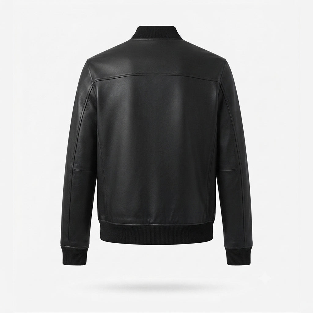 Men's Leather Bomber Jacket | Classic Ribbed Collar Zip-Up Jacket