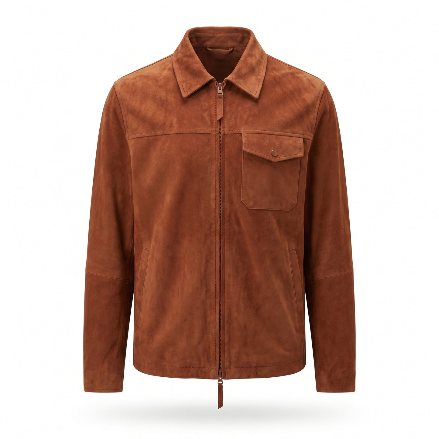 Men's Cognac Suede Jacket | Classic Shirt-Collar Zip-Up with Chest Pocket