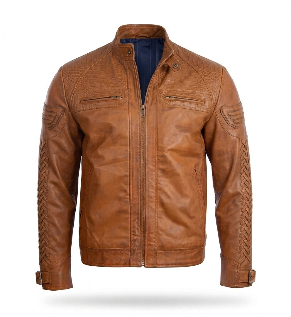 Men’s Classic Tan Racer Leather Jacket – Timeless Motorcycle Style