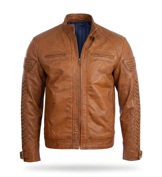 Men’s Classic Tan Racer Leather Jacket – Timeless Motorcycle Style