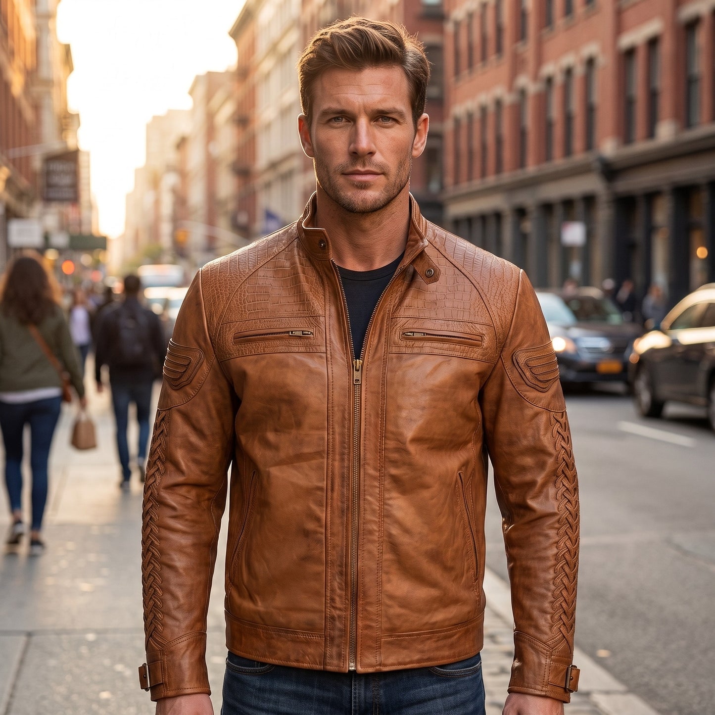 Men’s Classic Tan Racer Leather Jacket – Timeless Motorcycle Style