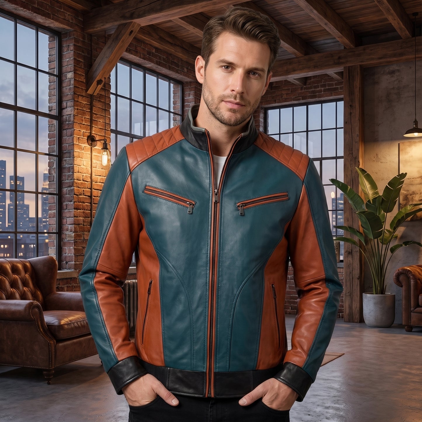 Premium Real Leather Moto Jacket for Men | Two-Tone Racer Design – Slim Fit