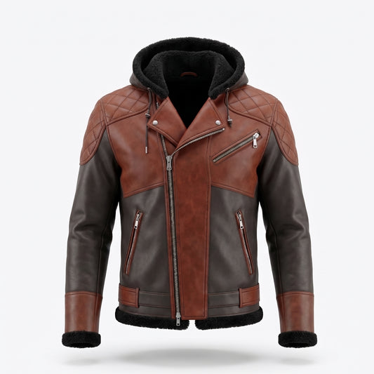 Men's Two-Tone Brown & Grey Hooded Leather Jacket | Genuine Leather Biker Jacket with Fur Hood