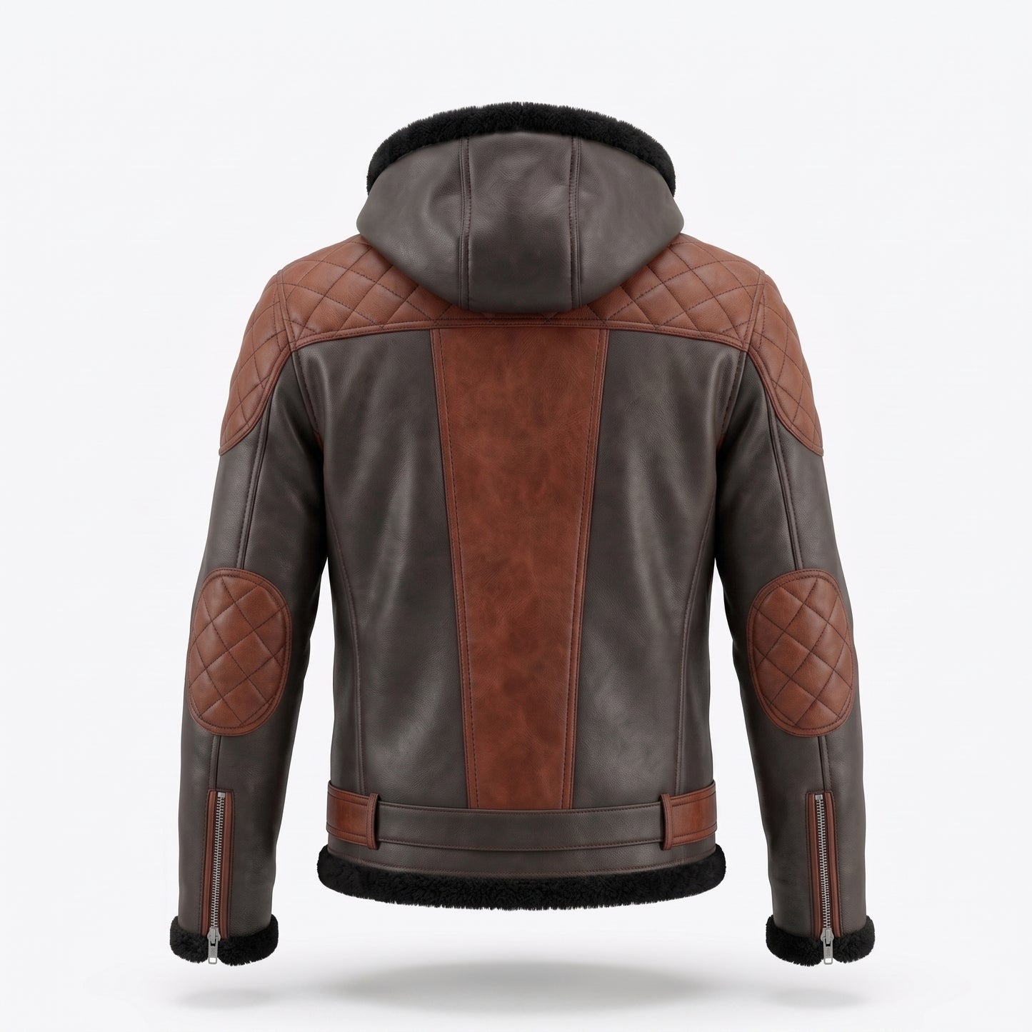 Men's Two-Tone Brown & Grey Hooded Leather Jacket | Genuine Leather Biker Jacket with Fur Hood