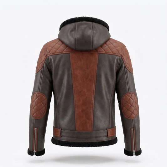 Men's Two-Tone Brown & Grey Hooded Leather Jacket | Genuine Leather Biker Jacket with Fur Hood