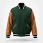 Men's Green Varsity Jacket | Wool Body with Brown Leather Sleeves & Striped Trim