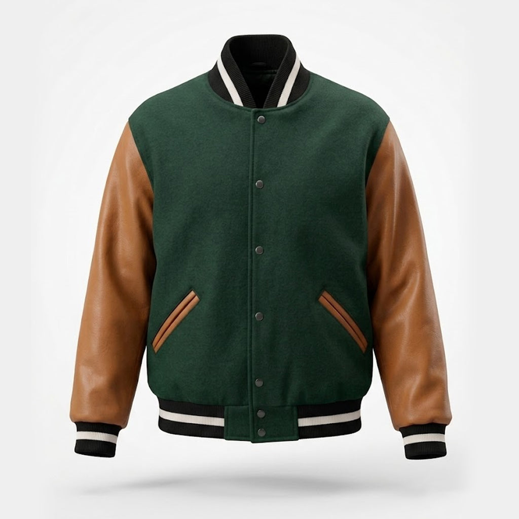 Men's Green Varsity Jacket | Wool Body with Brown Leather Sleeves & Striped Trim