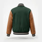 Men's Green Varsity Jacket | Wool Body with Brown Leather Sleeves & Striped Trim
