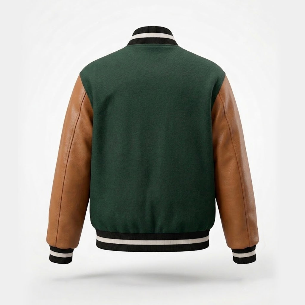 Men's Green Varsity Jacket | Wool Body with Brown Leather Sleeves & Striped Trim