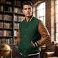 Men's Green Varsity Jacket | Wool Body with Brown Leather Sleeves & Striped Trim