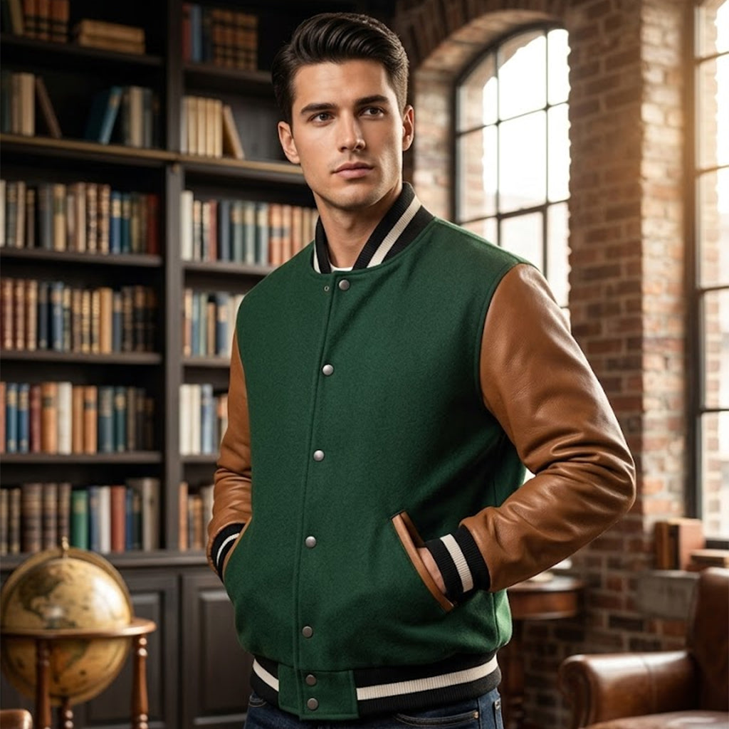 Men's Green Varsity Jacket | Wool Body with Brown Leather Sleeves & Striped Trim