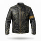 Men's Vintage Distressed Leather Jacket | Multi-Pocket Cafe Racer with Mustard Arm Stripe
