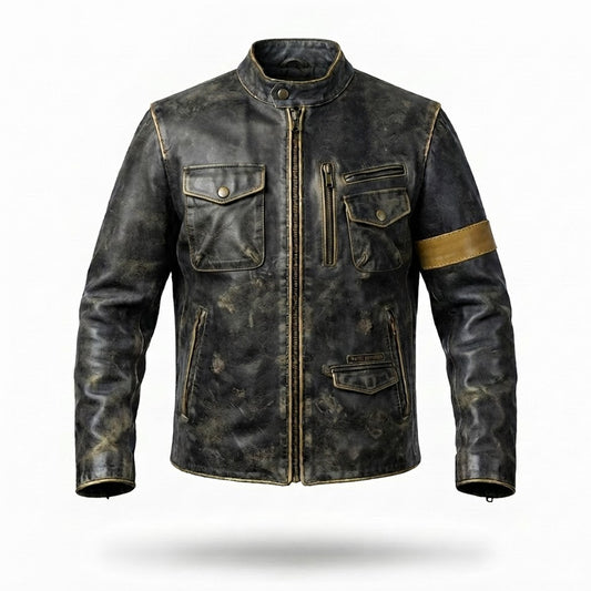 Men's Vintage Distressed Leather Jacket | Multi-Pocket Cafe Racer with Mustard Arm Stripe