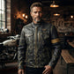 Men's Vintage Distressed Leather Jacket | Multi-Pocket Cafe Racer with Mustard Arm Stripe