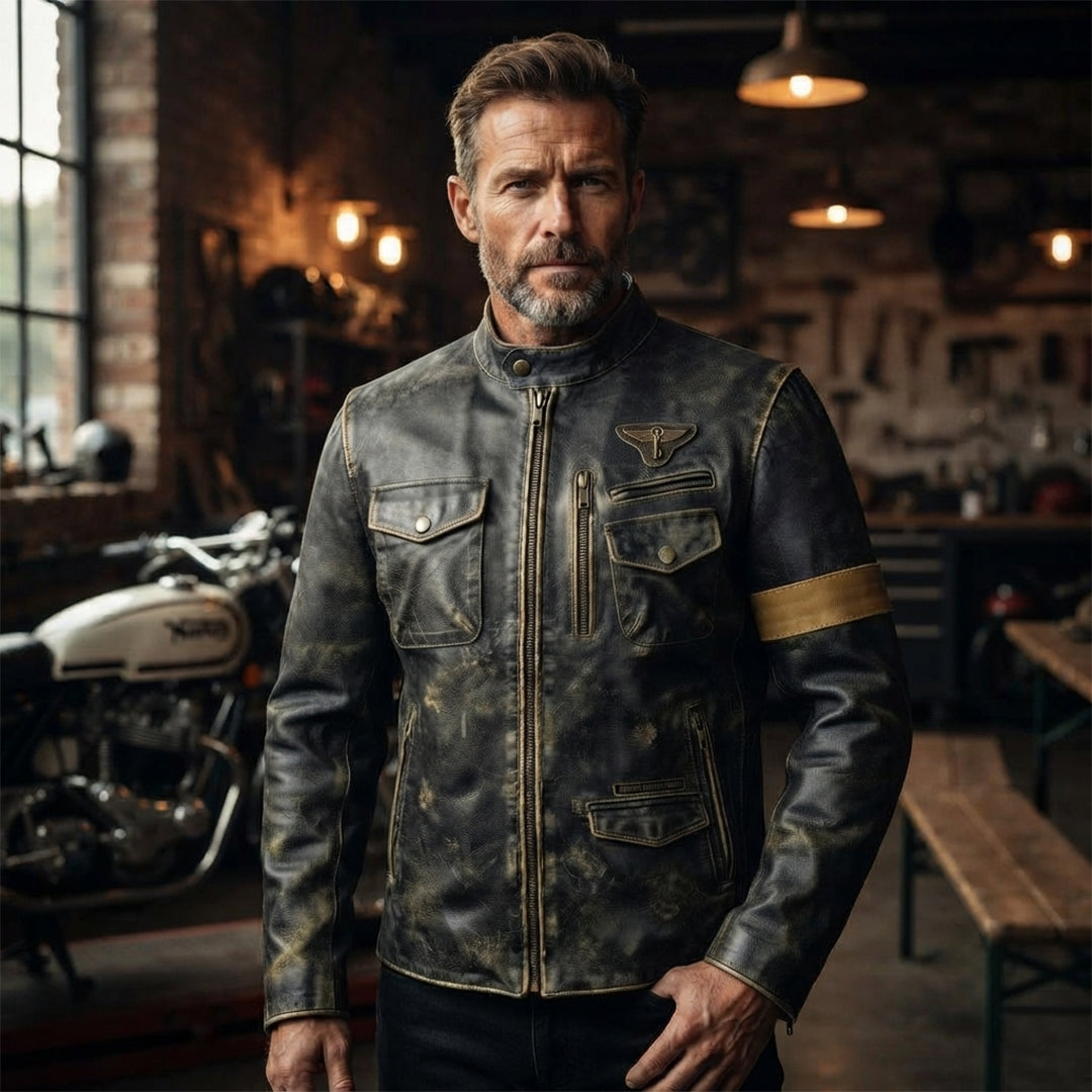 Men's Vintage Distressed Leather Jacket | Multi-Pocket Cafe Racer with Mustard Arm Stripe