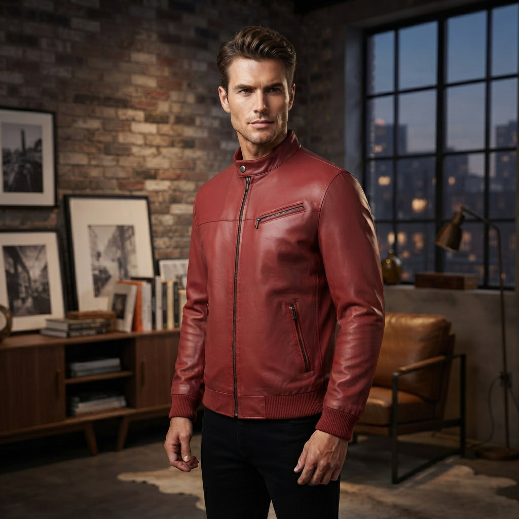 Men's Leather Racer Jacket | Classic Zip-Up Biker Jacket with Chest Pocket