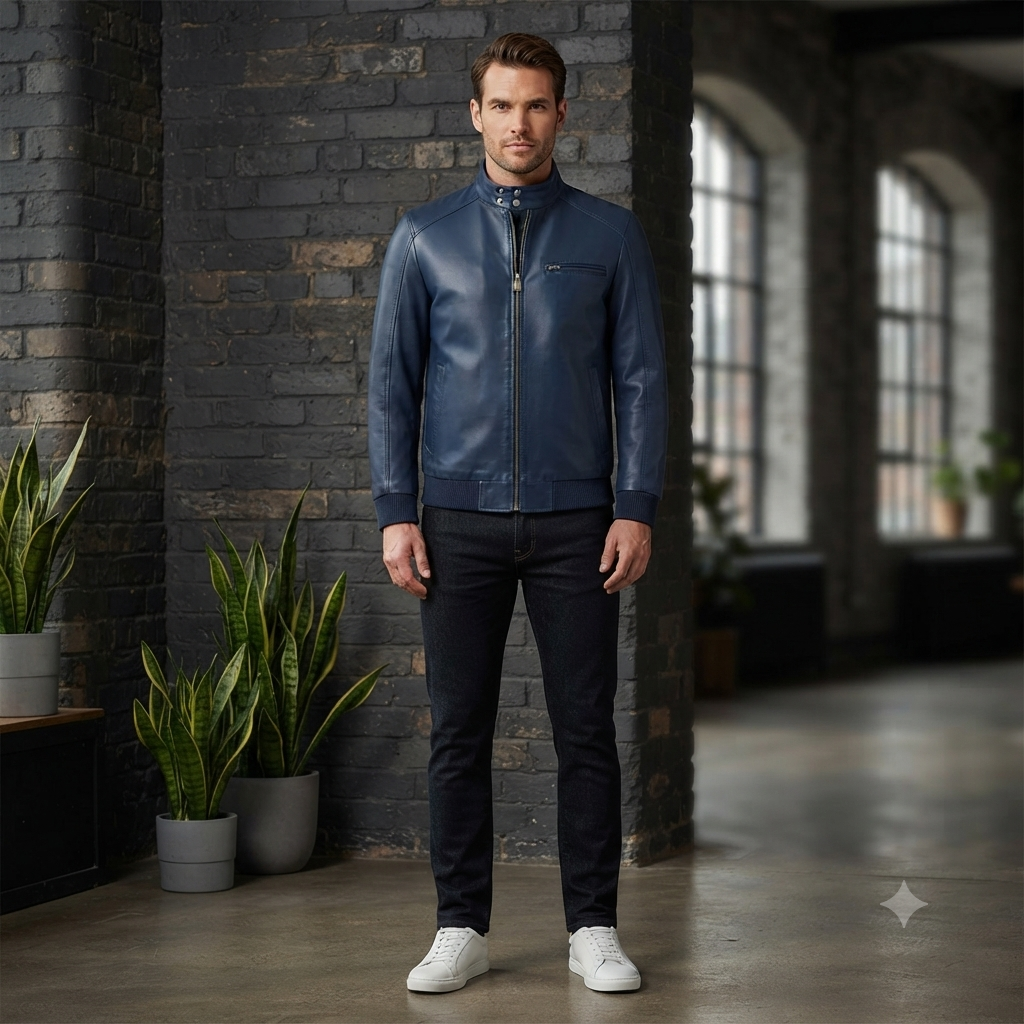 Men's Leather Bomber Jacket | Snap-Collar Zip-Up Jacket with Chest Pocket