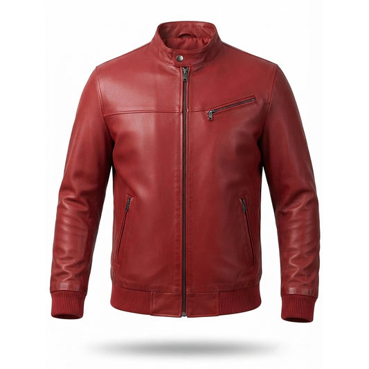 Men's Leather Racer Jacket | Classic Zip-Up Biker Jacket with Chest Pocket