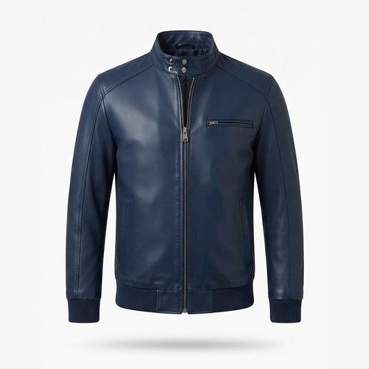 Men's Leather Bomber Jacket | Snap-Collar Zip-Up Jacket with Chest Pocket