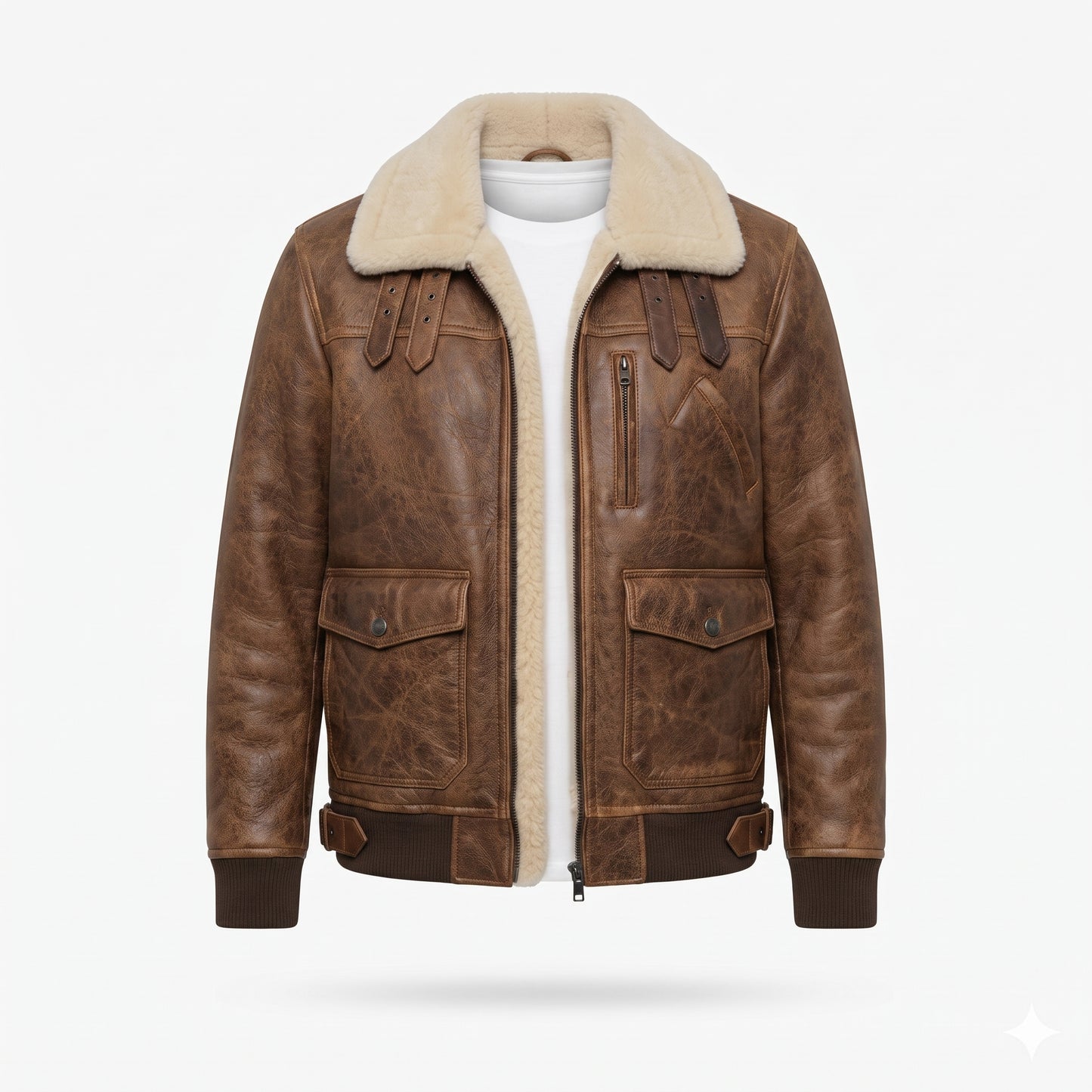 Men's Brown Leather Aviator Jacket | Shearling B-3 Bomber with Cream Fur Collar