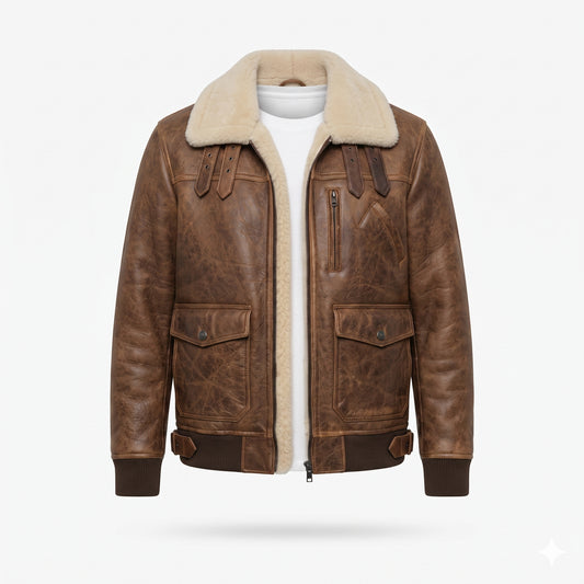 Men's Brown Leather Aviator Jacket | Shearling B-3 Bomber with Cream Fur Collar