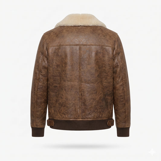 Men's Brown Leather Aviator Jacket | Shearling B-3 Bomber with Cream Fur Collar
