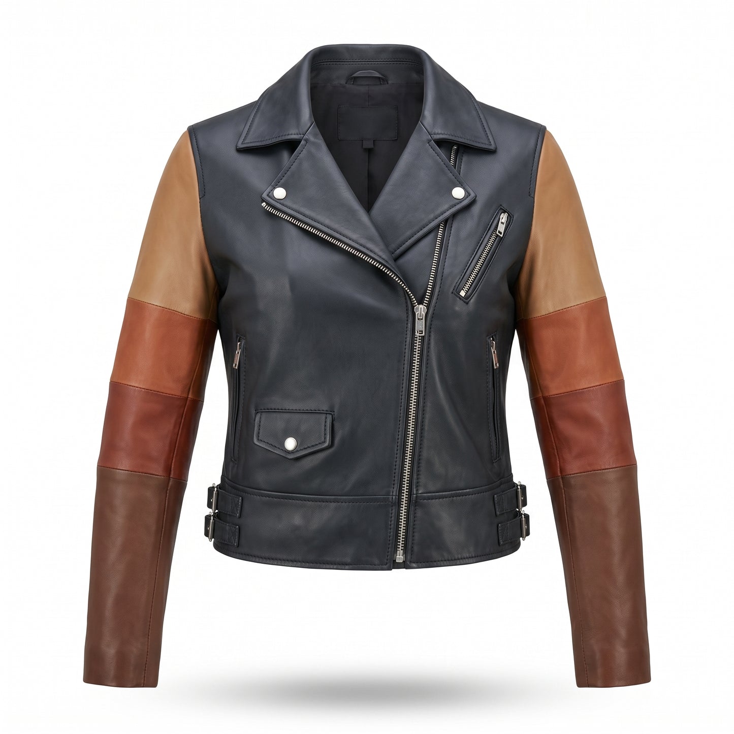 Men's Black Leather Biker Jacket | Ombre Colorblock Sleeves Moto Jacket