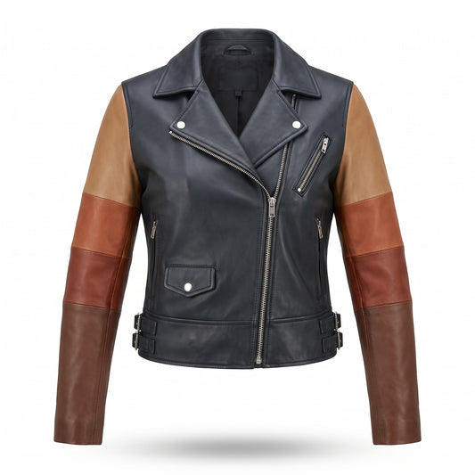 Men's Black Leather Biker Jacket | Ombre Colorblock Sleeves Moto Jacket