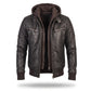Men's Brown Leather Jacket with Hood | Quilted Bomber with Drawstring Hoodie