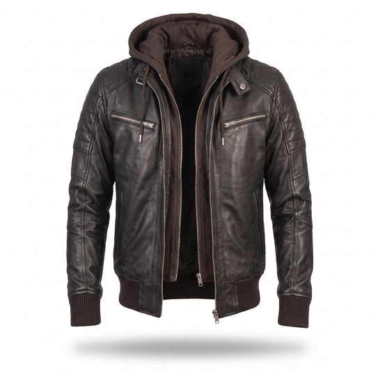 Men's Brown Leather Jacket with Hood | Quilted Bomber with Drawstring Hoodie