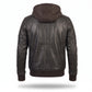 Men's Brown Leather Jacket with Hood | Quilted Bomber with Drawstring Hoodie