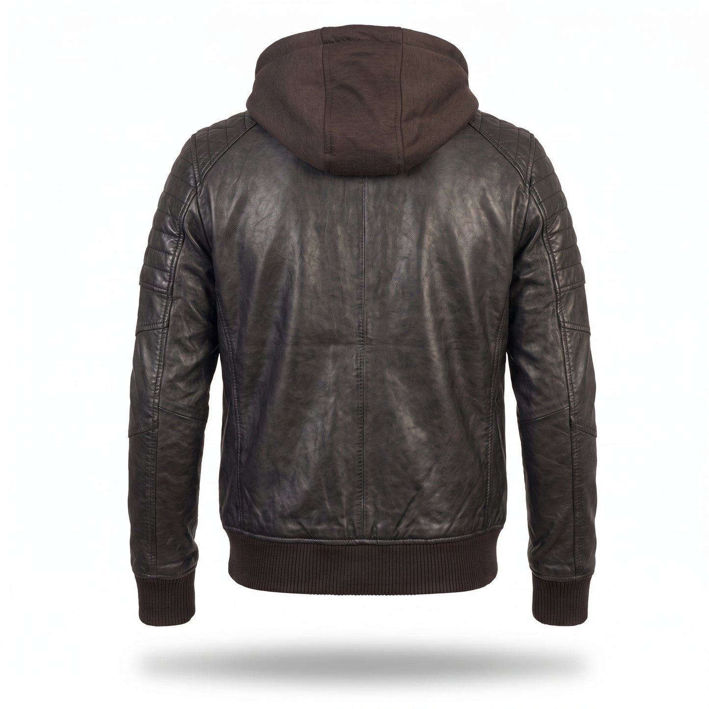 Men's Brown Leather Jacket with Hood | Quilted Bomber with Drawstring Hoodie
