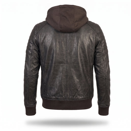 Men's Brown Leather Jacket with Hood | Quilted Bomber with Drawstring Hoodie