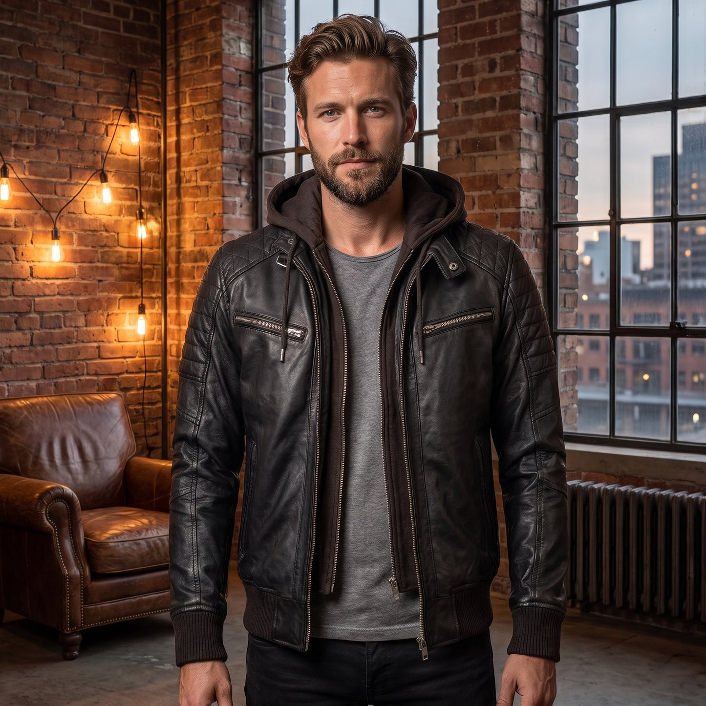 Men's Brown Leather Jacket with Hood | Quilted Bomber with Drawstring Hoodie