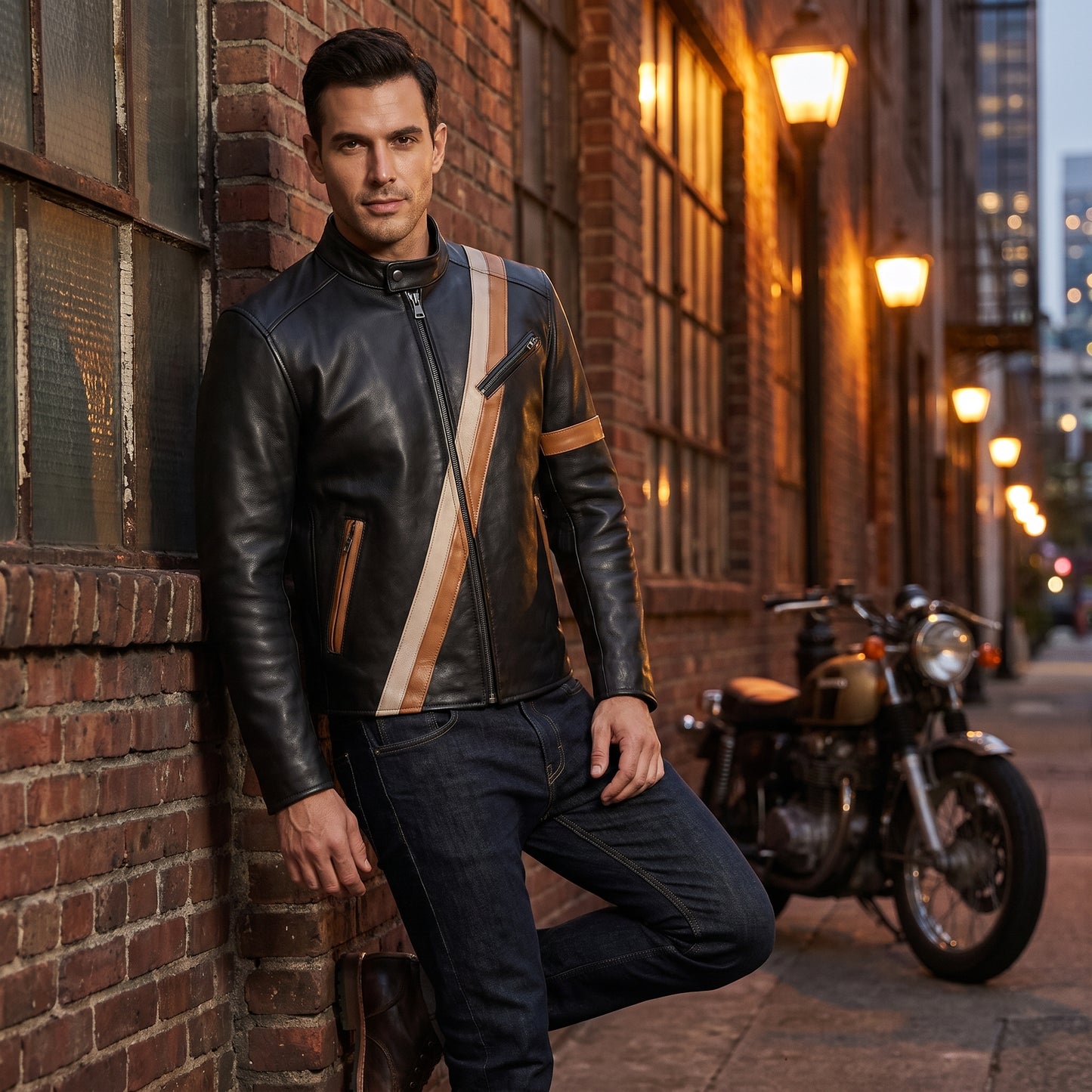 Men's Black Leather Racer Jacket | Diagonal Racing Stripe Moto Jacket with Arm Band