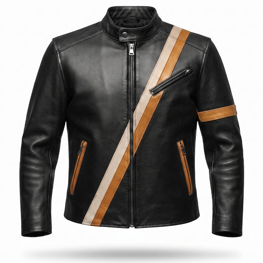 Men's Black Leather Racer Jacket | Diagonal Racing Stripe Moto Jacket with Arm Band