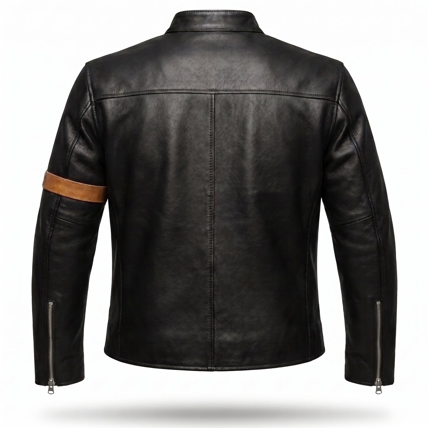 Men's Black Leather Racer Jacket | Diagonal Racing Stripe Moto Jacket with Arm Band