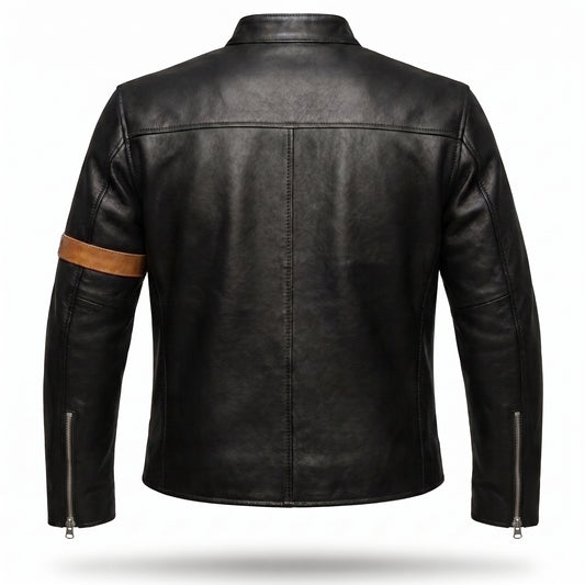 Men's Black Leather Racer Jacket | Diagonal Racing Stripe Moto Jacket with Arm Band