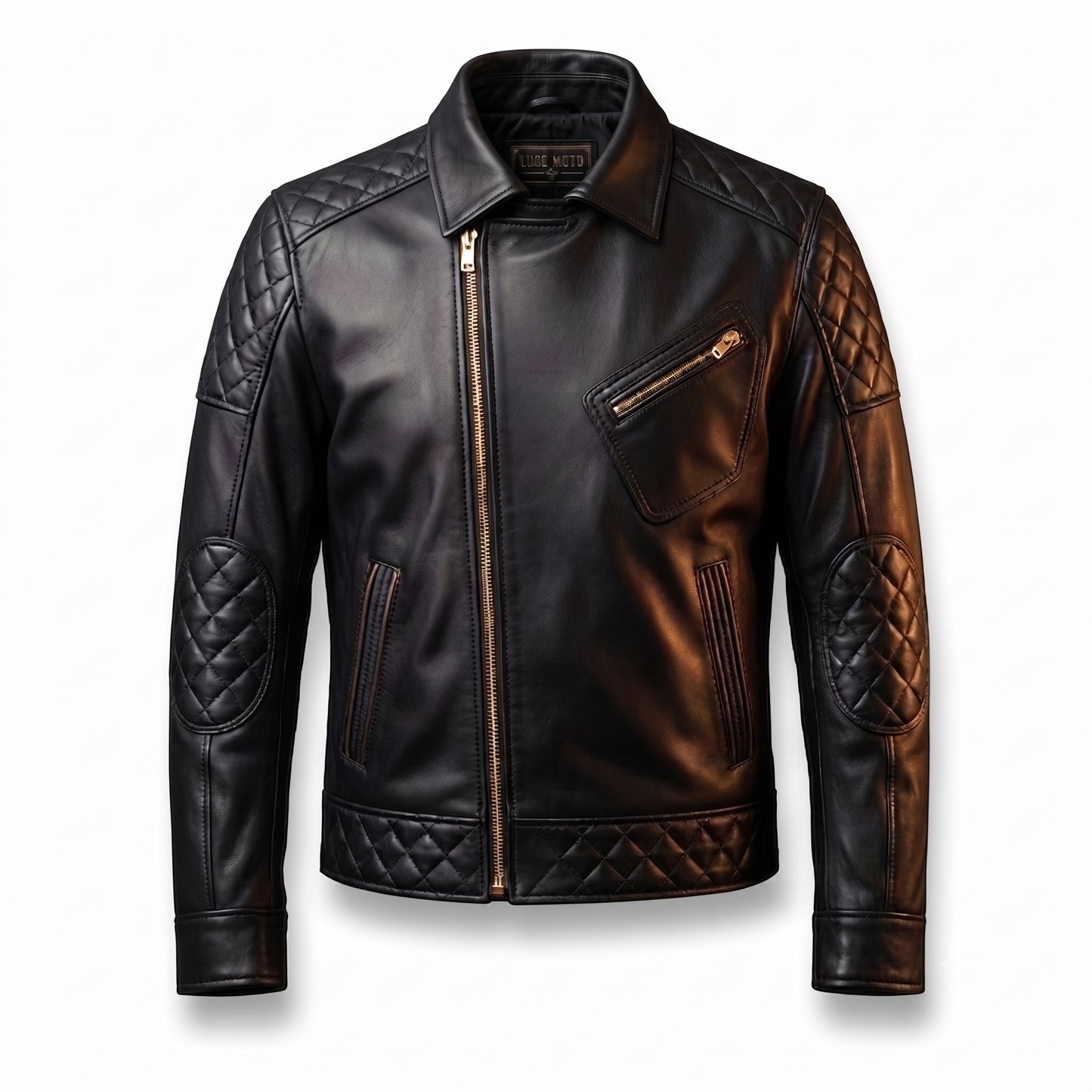 Men's Black Leather Jacket | Quilted Shoulder & Elbow Panel Jacket with Gold Hardware