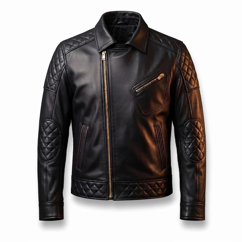 Men's Black Leather Jacket | Quilted Shoulder & Elbow Panel Jacket with Gold Hardware