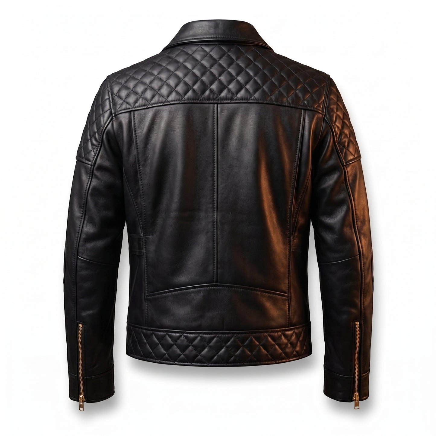 Men's Black Leather Jacket | Quilted Shoulder & Elbow Panel Jacket with Gold Hardware