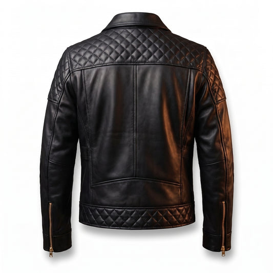 Men's Black Leather Jacket | Quilted Shoulder & Elbow Panel Jacket with Gold Hardware