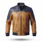 Men's Navy & Tan Two-Tone Leather Bomber Jacket | Western-Yoke Contrast Panel Jacket
