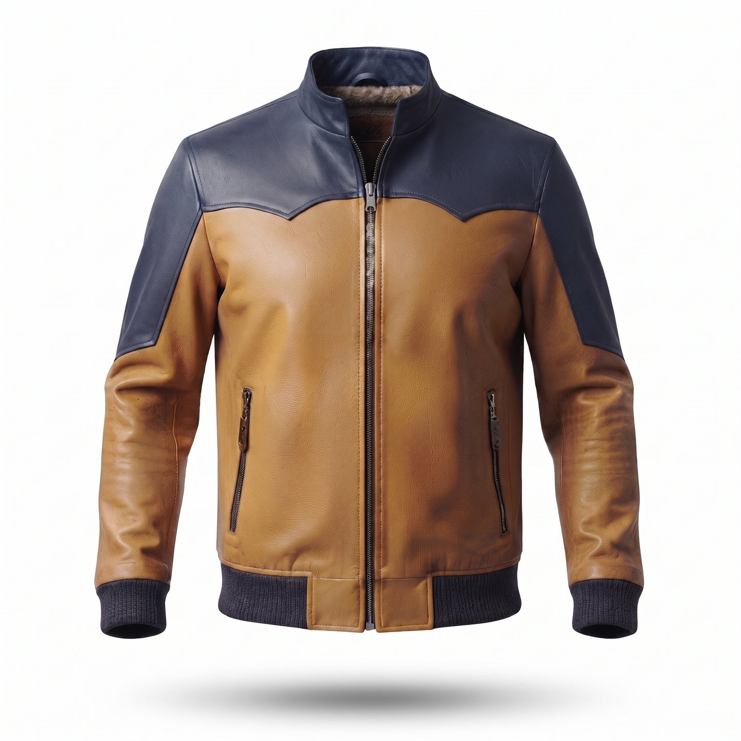 Men's Navy & Tan Two-Tone Leather Bomber Jacket | Western-Yoke Contrast Panel Jacket