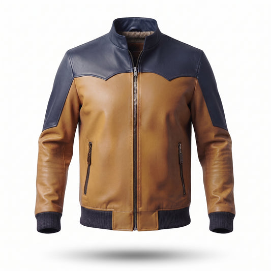 Men's Navy & Tan Two-Tone Leather Bomber Jacket | Western-Yoke Contrast Panel Jacket
